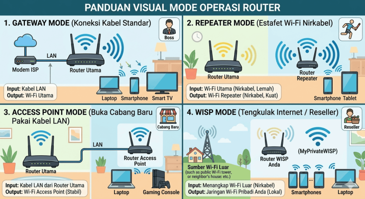 Perbedaan mode Gateway Repeater AP Mode dan WISP