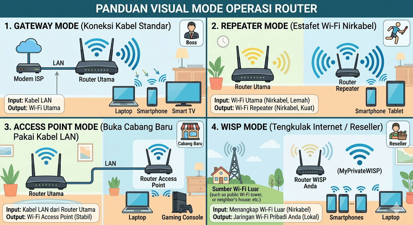 Perbedaan mode Gateway Repeater AP Mode dan WISP